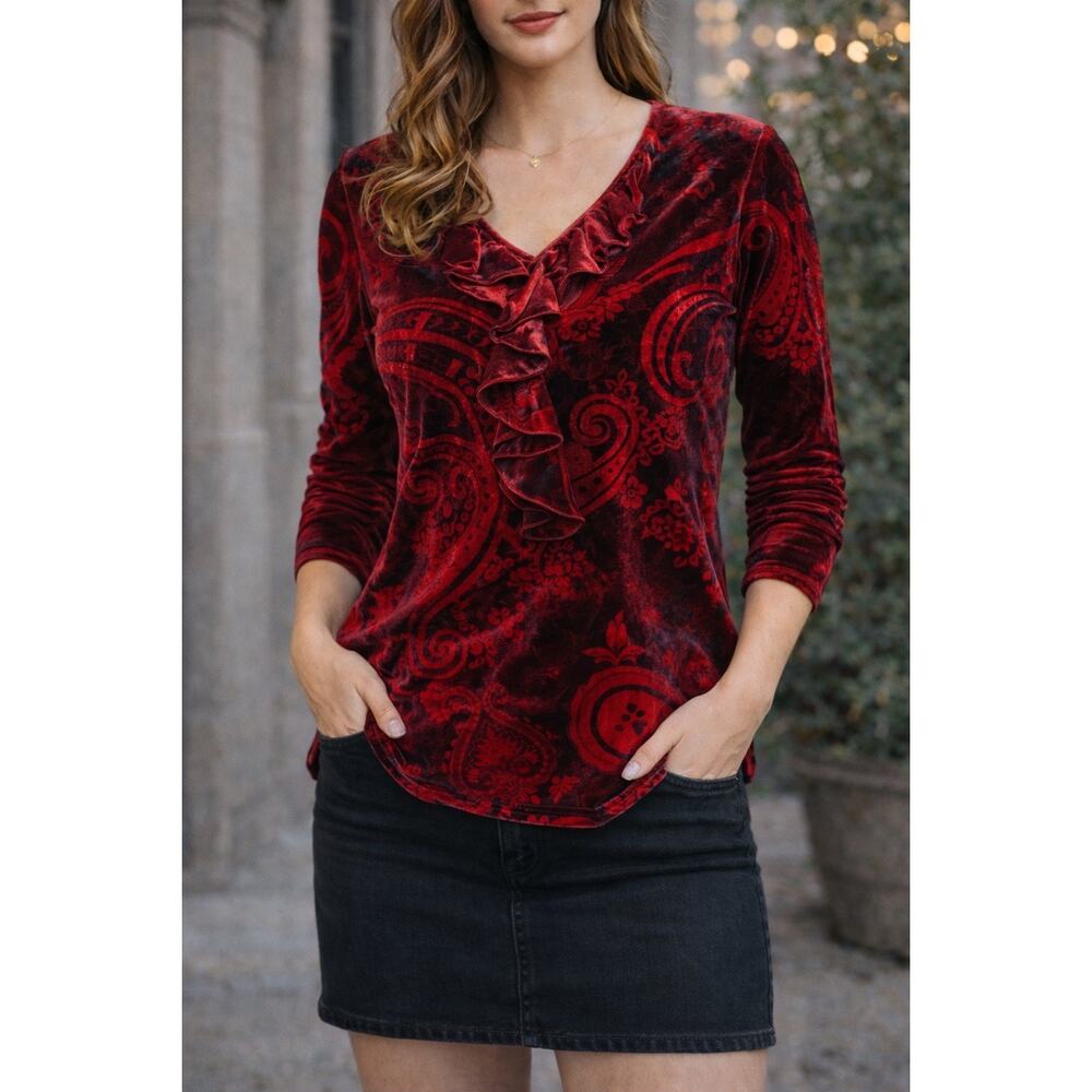Pyramid Collection Red Black Velvet Paisley Goth Fairycore Boho Tunic Top Large